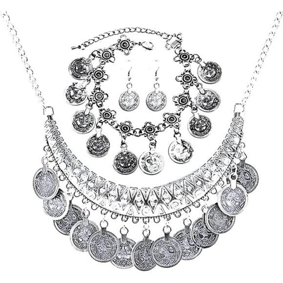 3PC Bohemian Coin Necklace Bracelet Earrings Set Gypsy Women's Jewelry - Picture 1 of 4